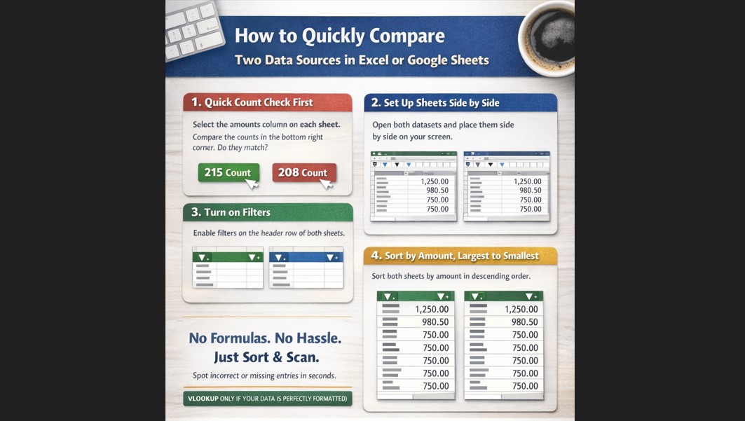 Read more about the article How to Compare Two Data Sources in Excel or Google Sheets Using Sort and Filter